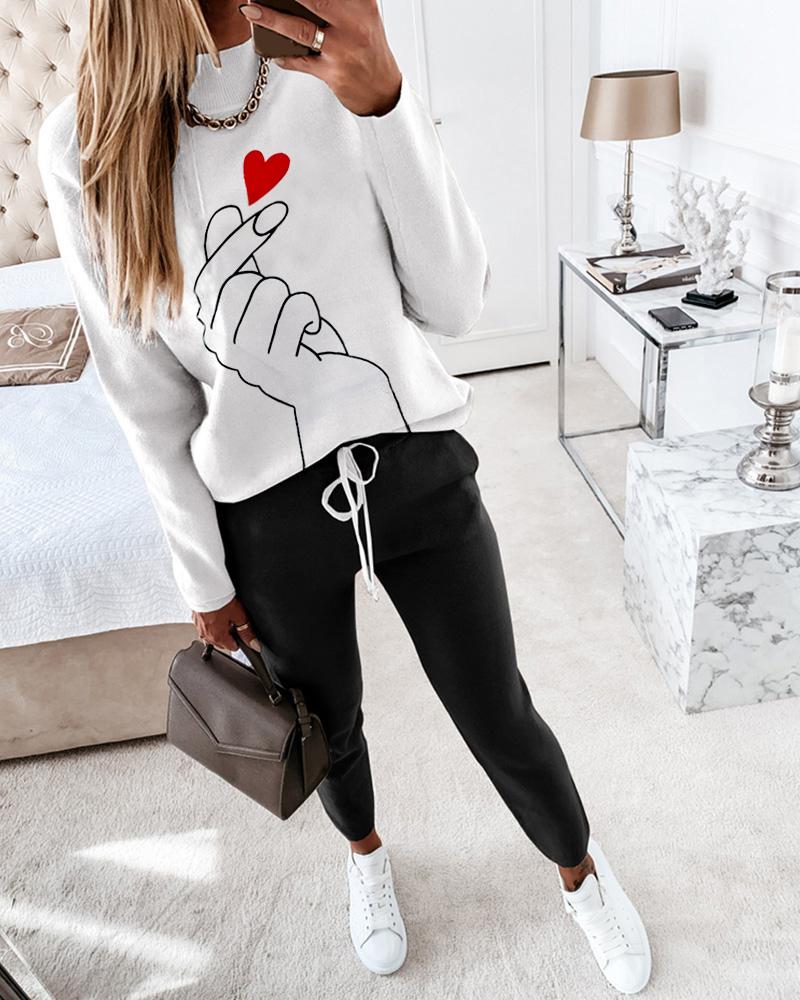 

Heart Print Long Sleeve Colorblock Top & Drawstring Waist Pants Set, White