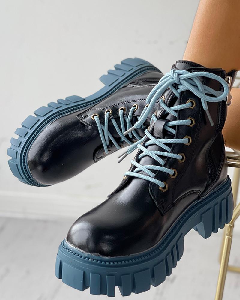 

Eyelet Lace-up Colorblock Combat Boots, Black