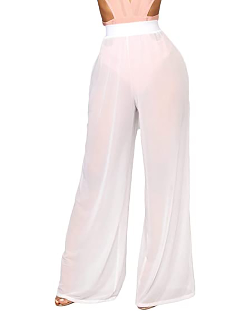 

Plain Mesh Design Wide Leg Pants, White