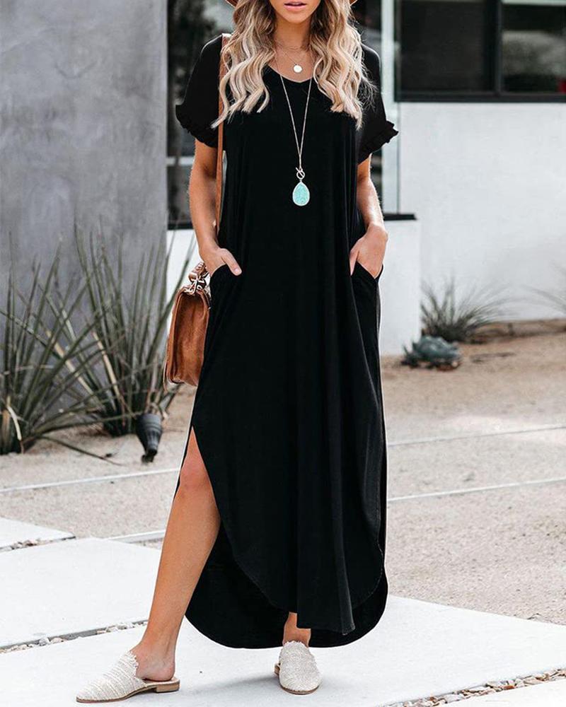 Frill Hem Slit Casual Maxi Dress