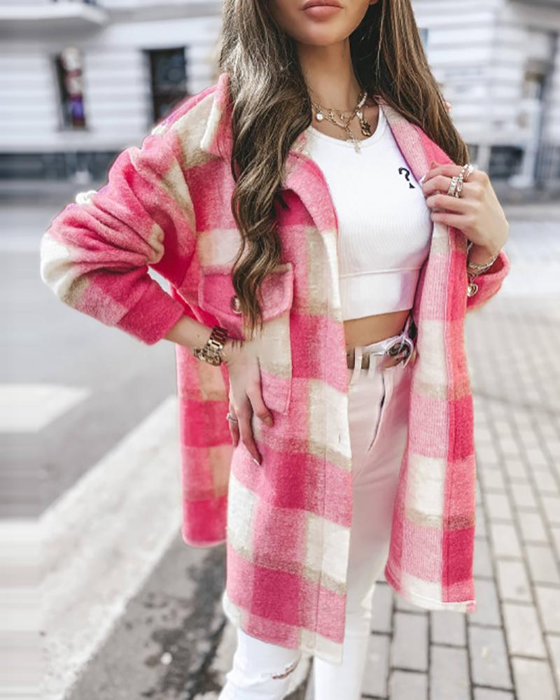 

Long Sleeve Plaid Print Buttoned Pocket Design Shacket, Pink