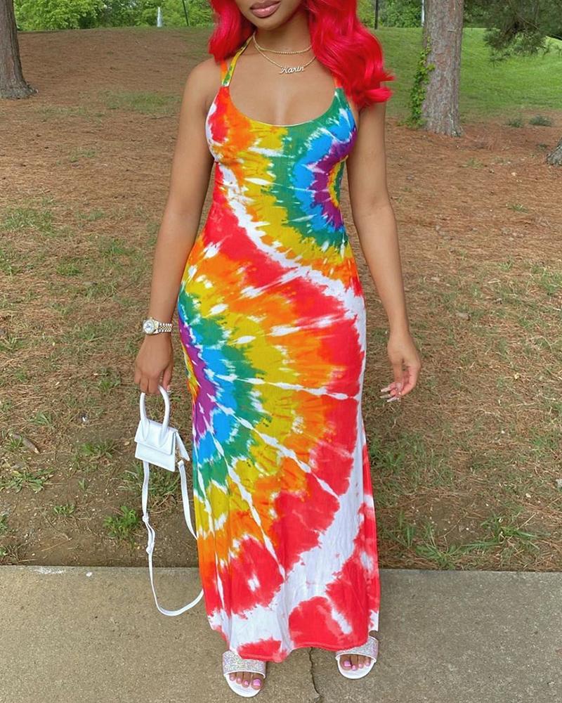 

Tie Dye Print Crisscross Back Slit Maxi Dress, Multicolor