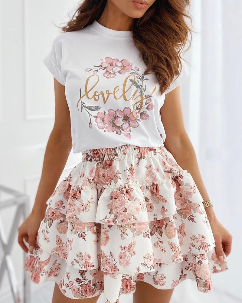 

Floral Letter Print Layered Ruffles Dress, Pink