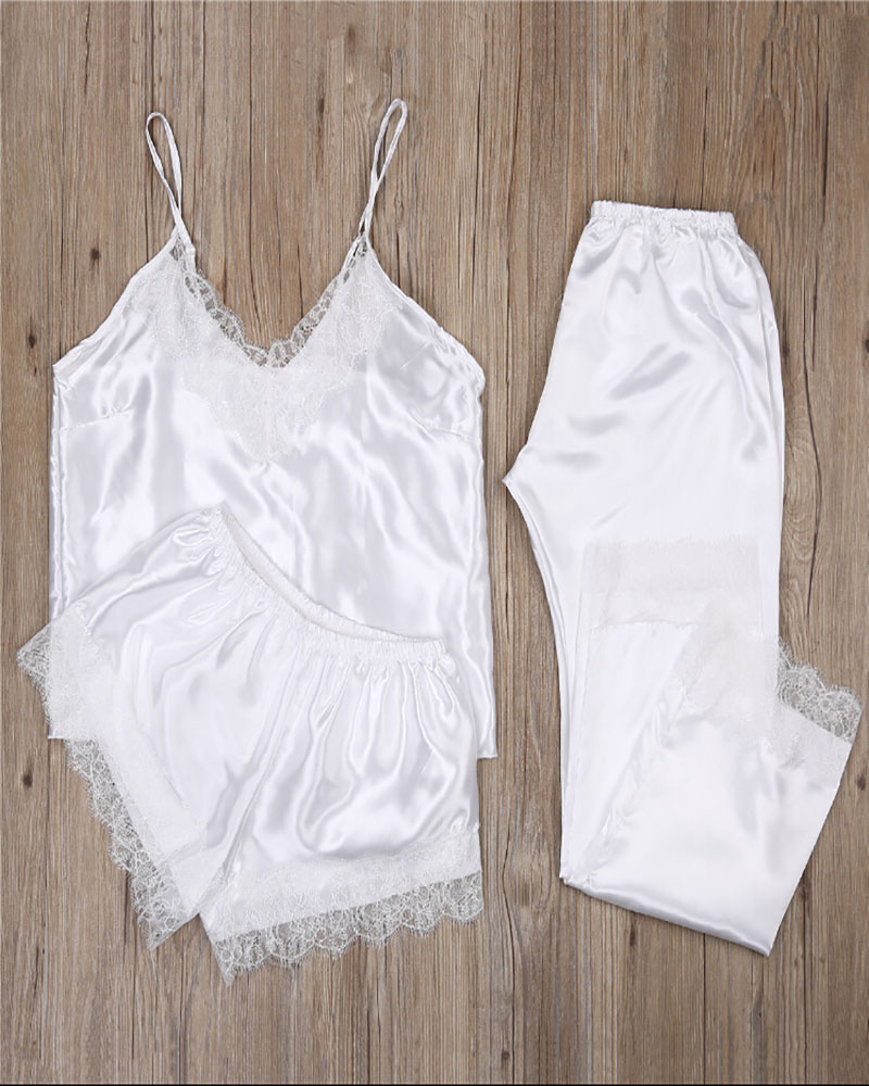 

Contrast Lace Cami Top & Shorts PJ Set, White