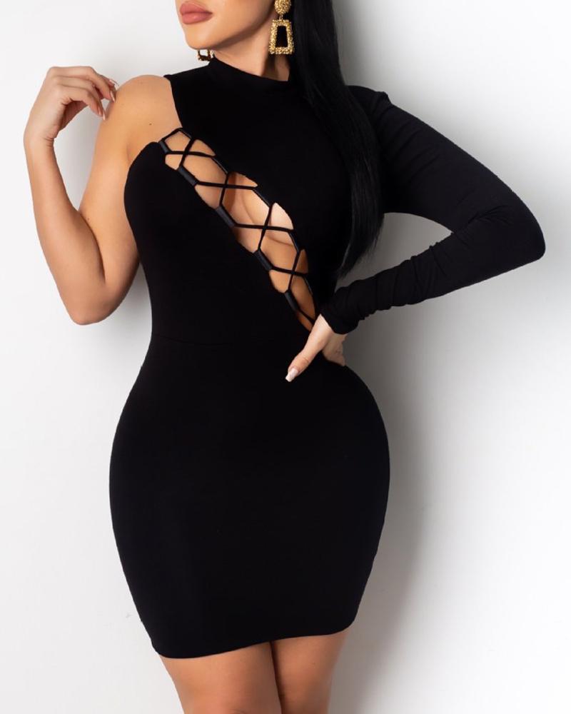 

One Shoulder Hollow Out Lace-Up Bodycon Dress, Black
