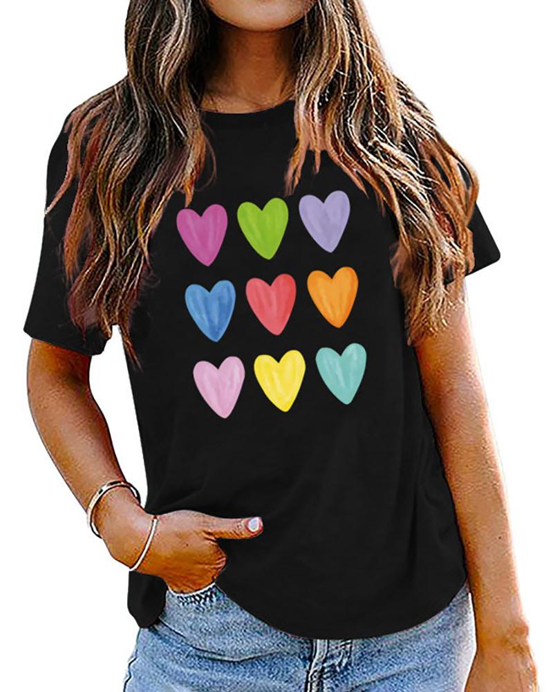 

Valentine' Day Short Sleeve Heart Print O-Neck T-shirt, Black