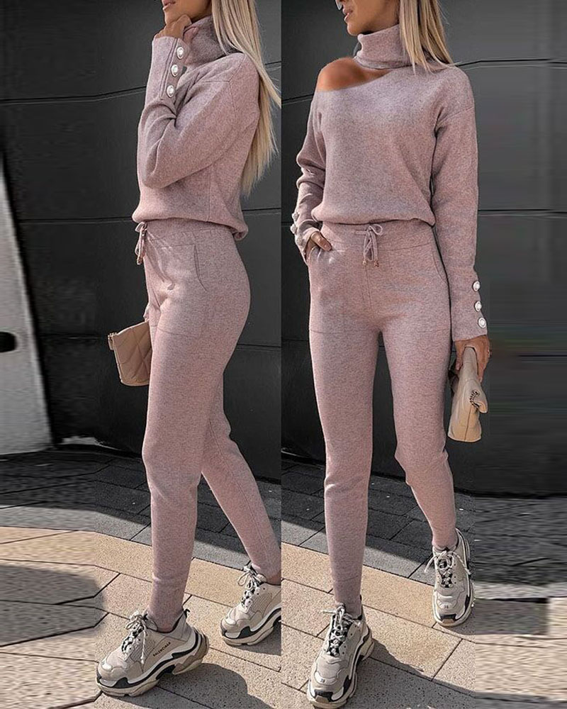 

Cold Shoulder Turtleneck Knit Top & Drawstring Pants Set, Style1