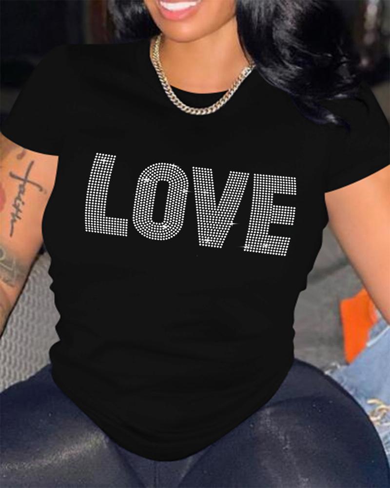 

Plus Size Love Rhinestone Short Sleeve Casual T-shirt, Black