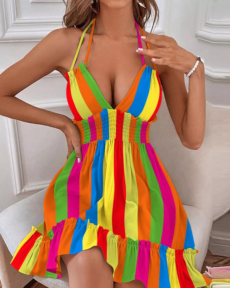 

Rainbow Stripe Print Shirred Ruffles Halter Casual Dress, Multicolor