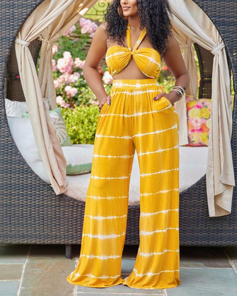 

Tie Dye Print Halter Top & Wide Leg Pants Set, Yellow