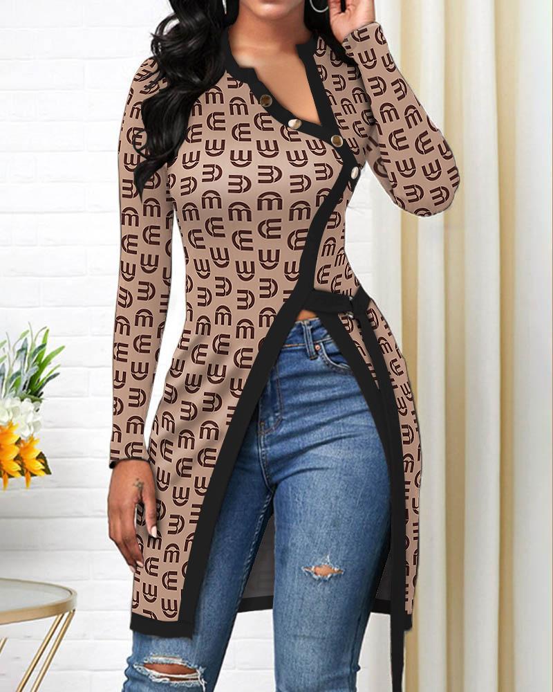 

ChicMe Letter Print Button Decor High Split Top, Khaki