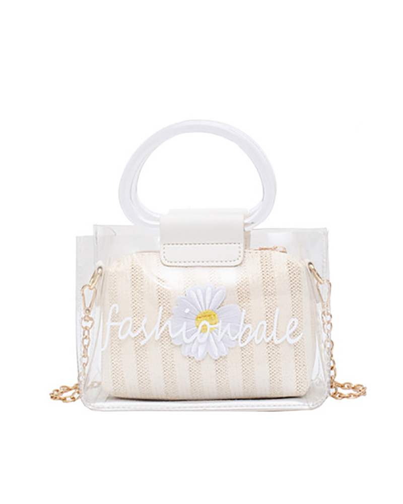 

Clear Letter Print Floral Pattern Satchel Bag, Red