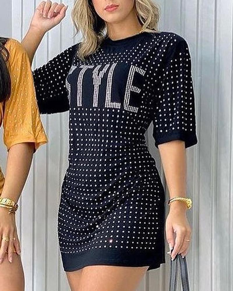 Short Sleeve Letter Rhinestone T-shirt Dress