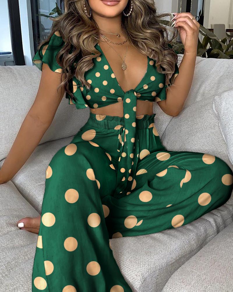 

Polkadot Print Ruffles Sleeve Knotted Top & High Waist Pants Set, Green