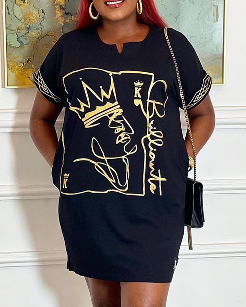 

Graphic Print Short Sleeve Casual Dress, Black