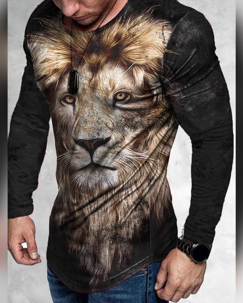 

3D Lion Print Long Sleeve Loose T-shirts, Multicolor