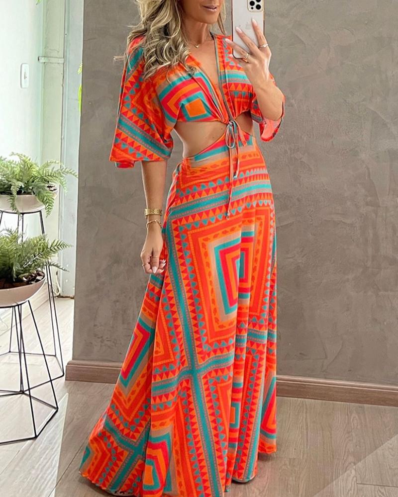 

Geometric Print Plunge Batwing Sleeve Maxi Dress, Orange