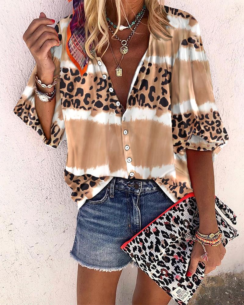 

Tie Dye Leopard Print Button Design Top, Brown