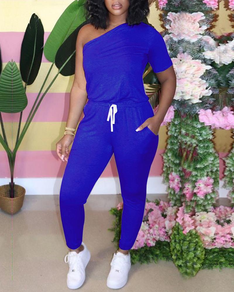 

One Shoulder Pocket Detail Drawstring Jumpsuit, Blue