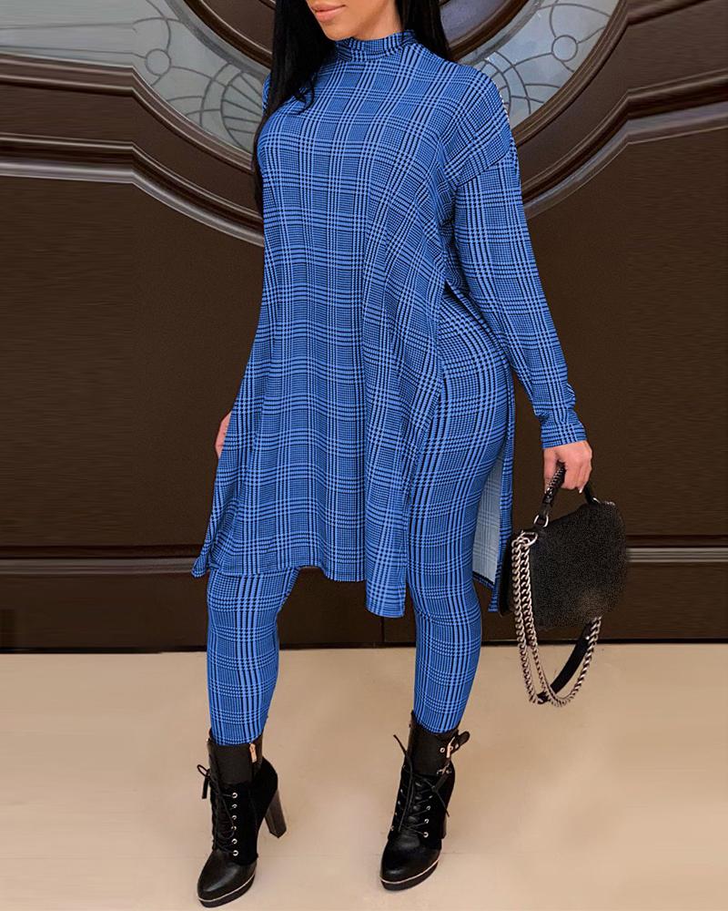 

Houndstooth Slit Top & High Waist Pants Set, Blue