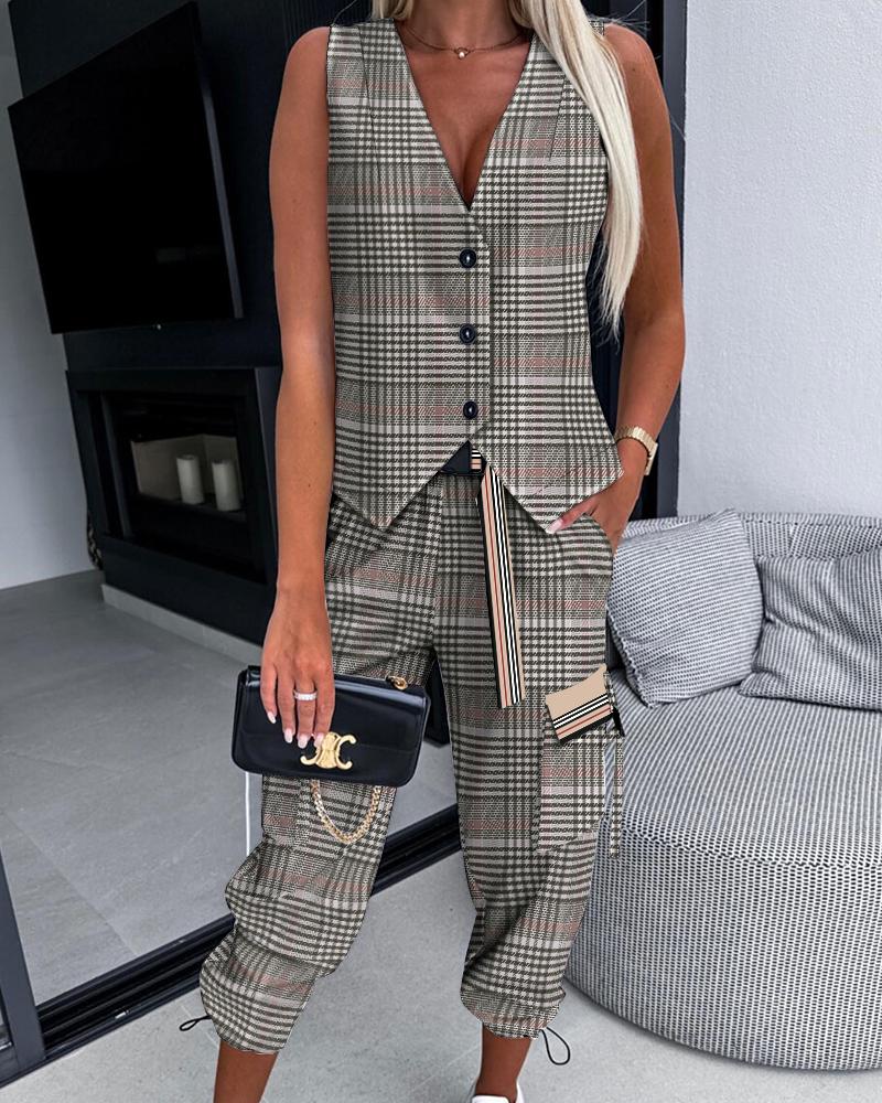 

Plaid Print Asymmetrical Vest Top & Cuffed Pants Set, Brown