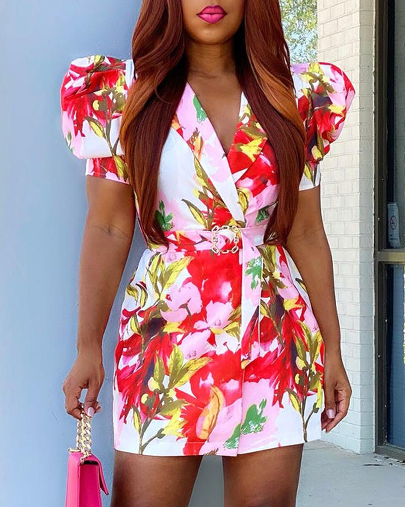 

Puff Sleeve Floral Print Blazer Dress With Belt, Red