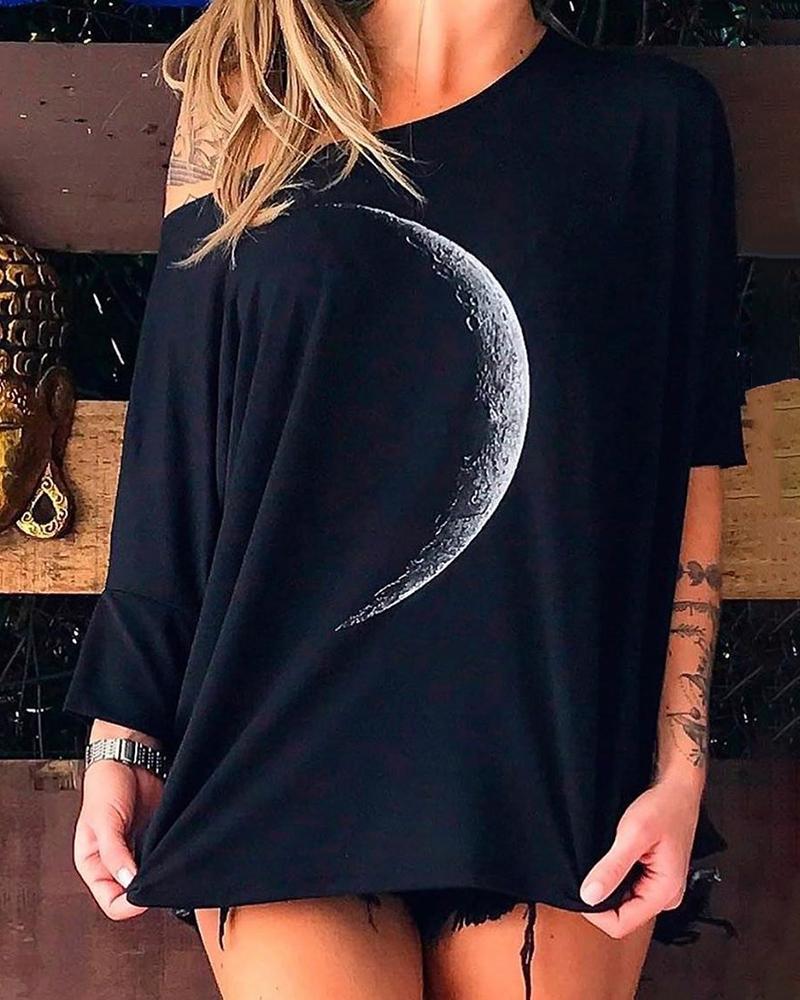 

Moon Pattern Print Short Sleeve Casual T-Shirt, Black