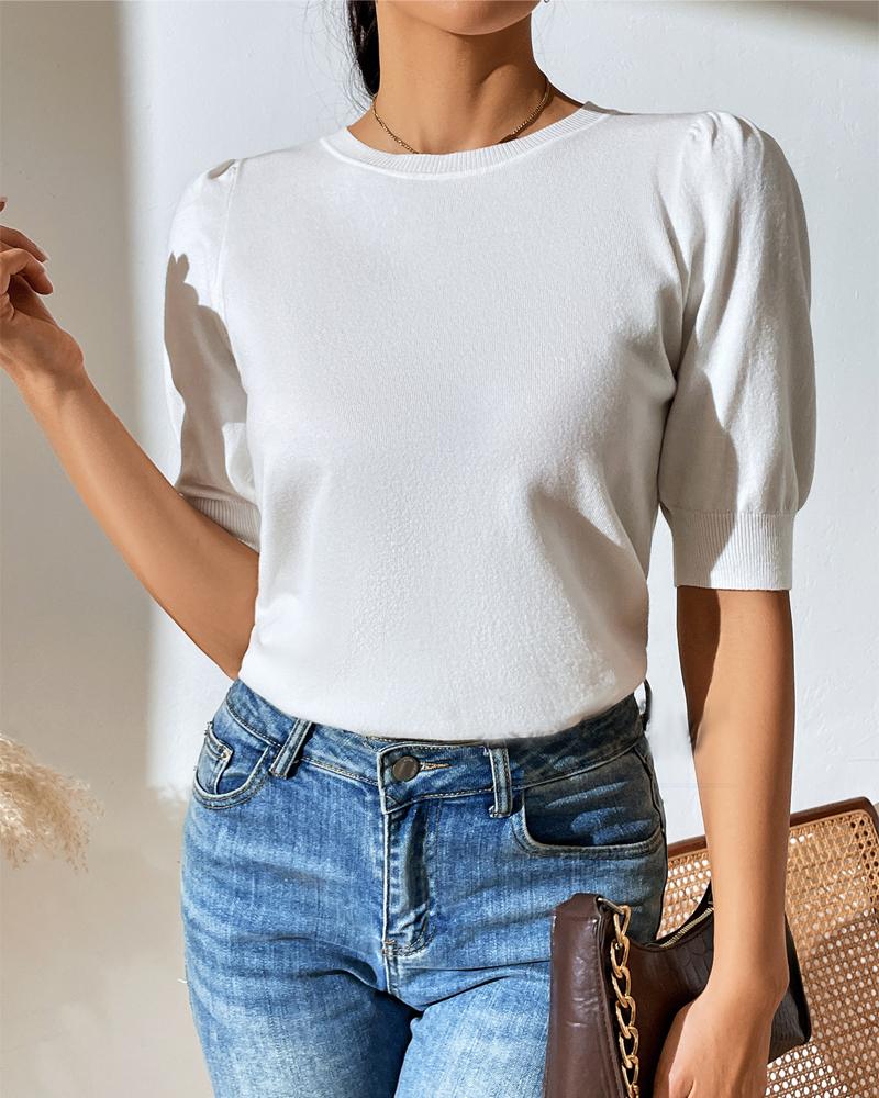 

Plain Puff Sleeve Knit Top, White