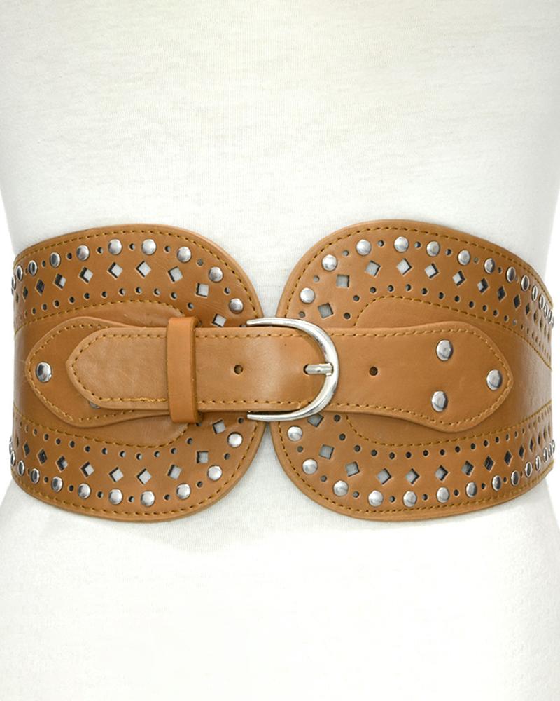 

1PCS Hollow Out Eyelet Buckled PU Leather Wide Belt, Brown