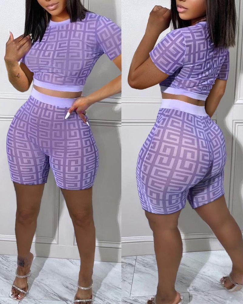 

Geometric Print Crop Top & Shorts Set, Purple