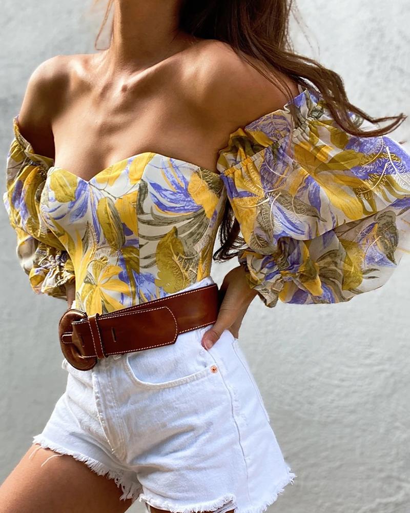

Off Shoulder Floral Print Lantern Sleeve Chiffon Top, Yellow