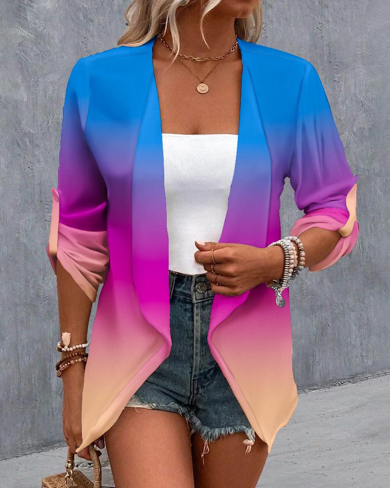 

Ombre Open Front Roll Up Sleeve Coat, Blue