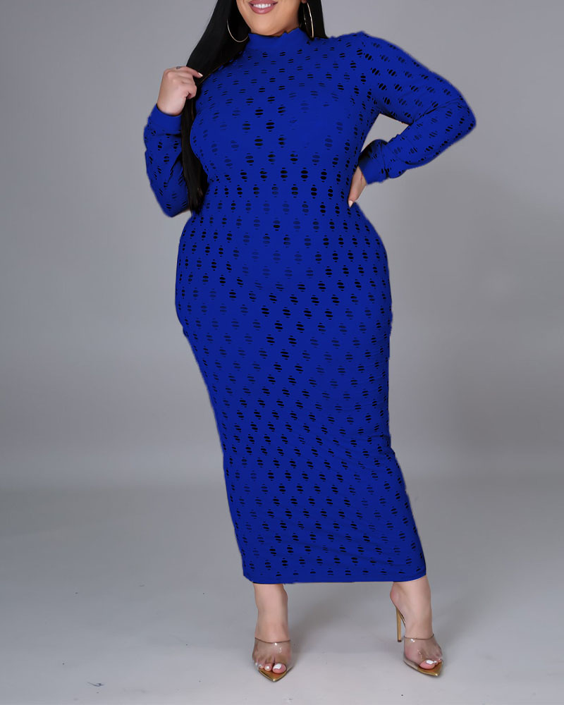 

Plus Size Long Sleeve Hollow Out Bodycon Dress, Blue