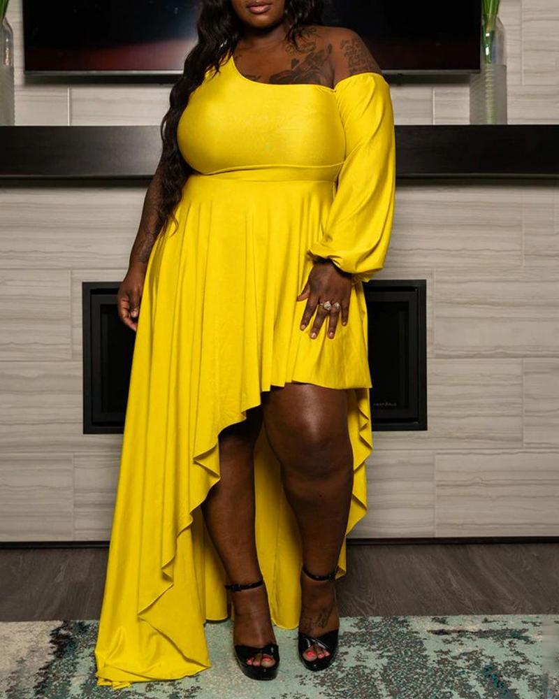 

Plus Size Cold Shoulder Lantern Sleeve Asymmetrical Dress, Yellow