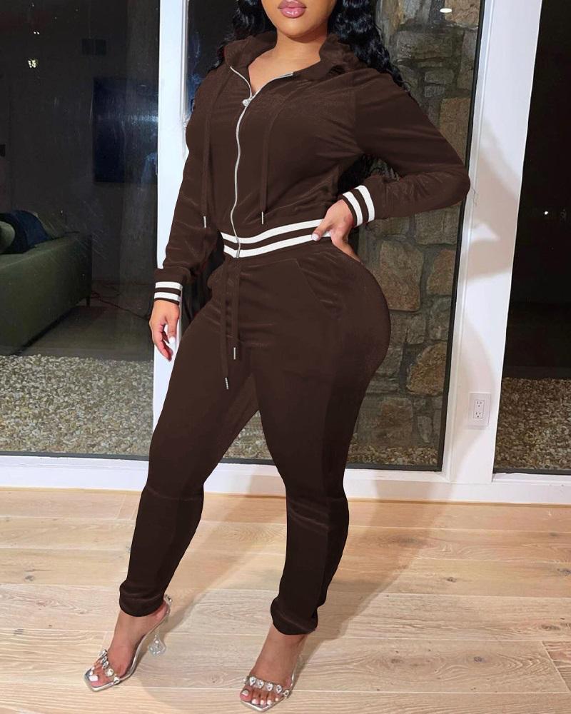 

Striped Hooded Coat & Pocket Design Pants Set, Brown