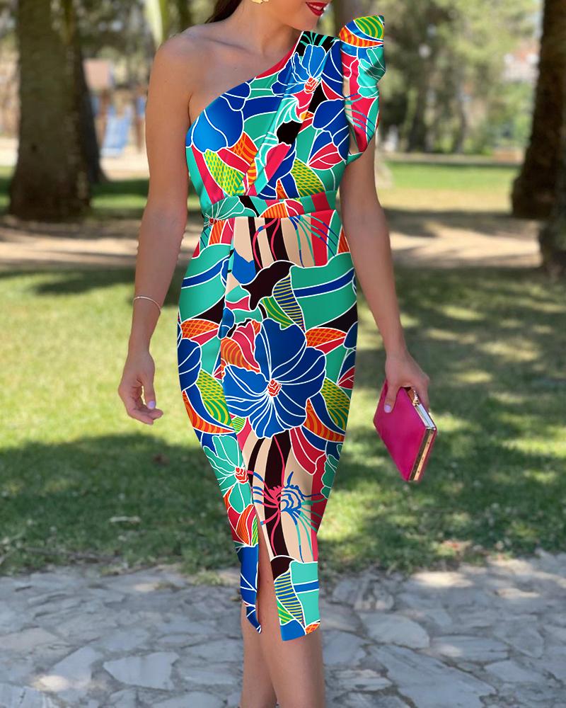 

One Shoulder Ruffles Slit Floral Print Dress, Multicolor