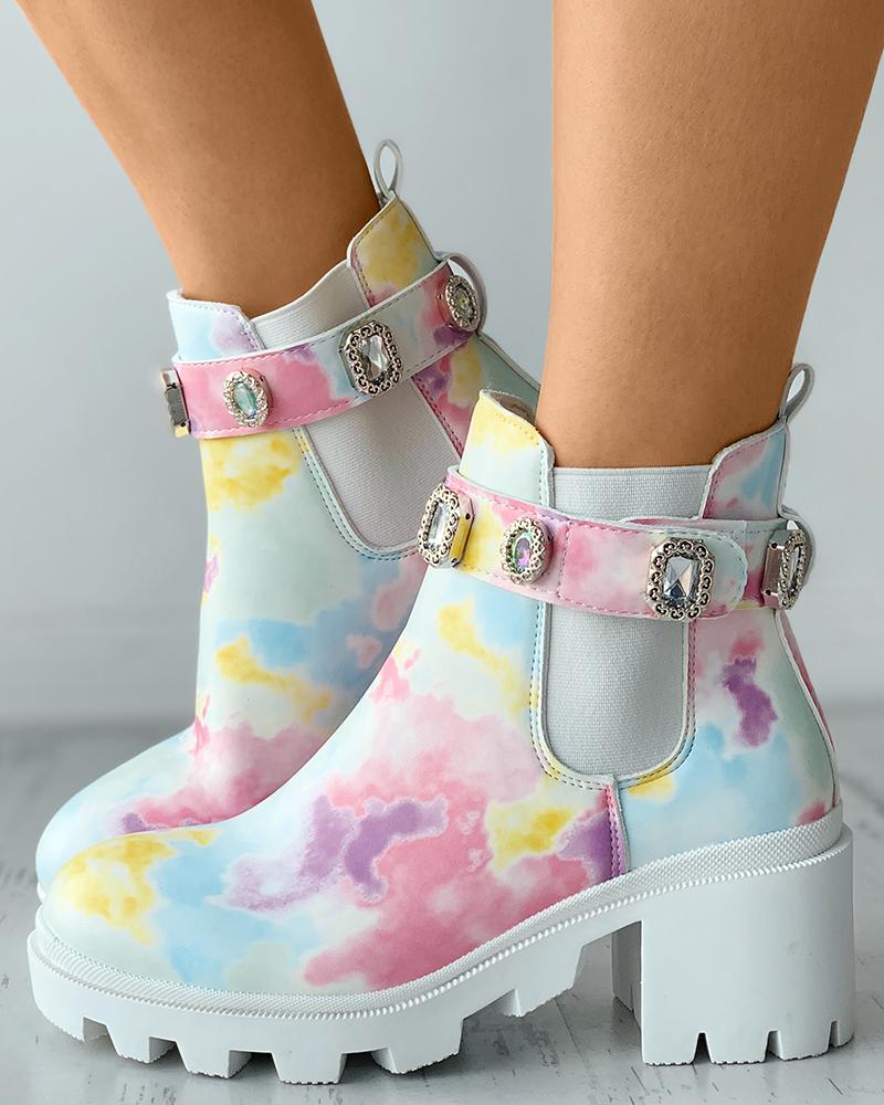 

Tie Dye Print Rhinestone Decor Chunky Ankle Boots, Multicolor
