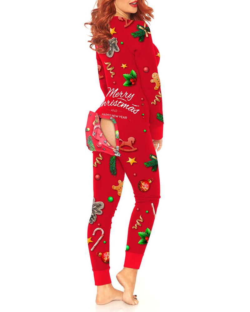 

Christmas Functional Buttoned Flap Adults Pajamas, Red
