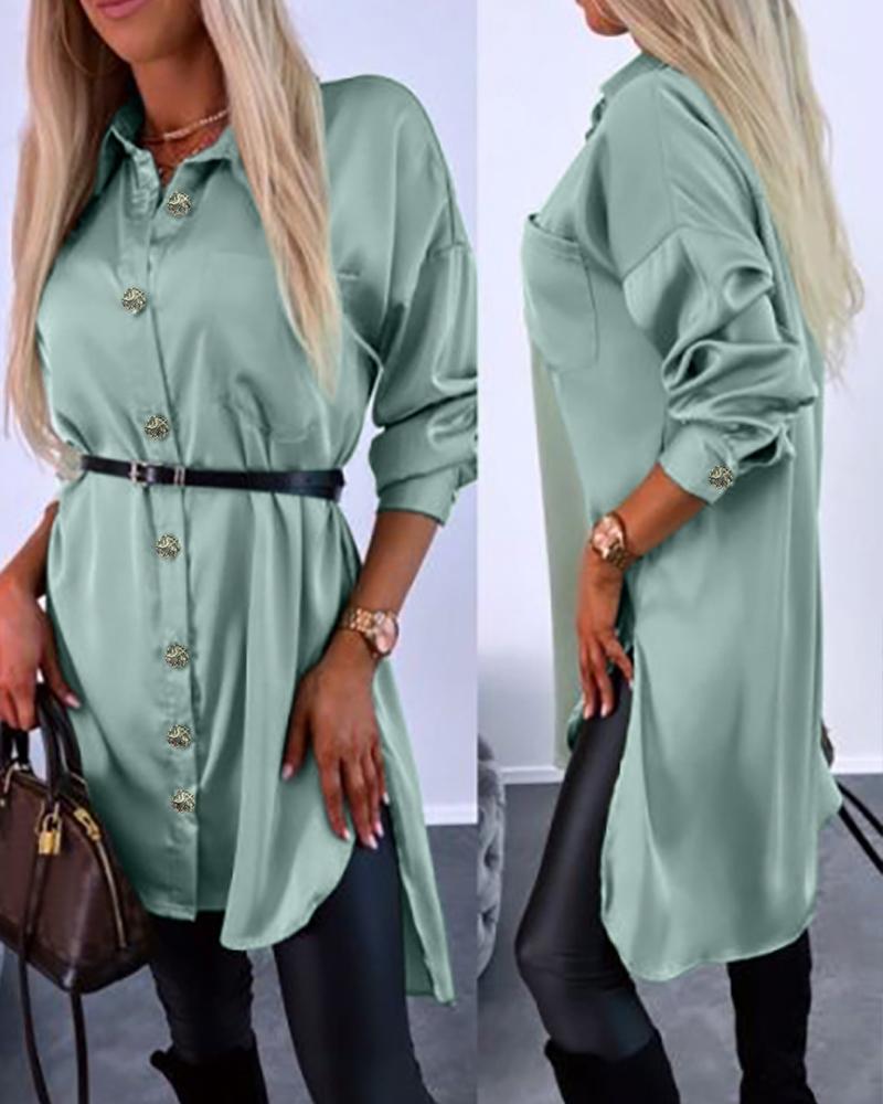 

Dip Hem Buttoned Shirt Without Belt, Green