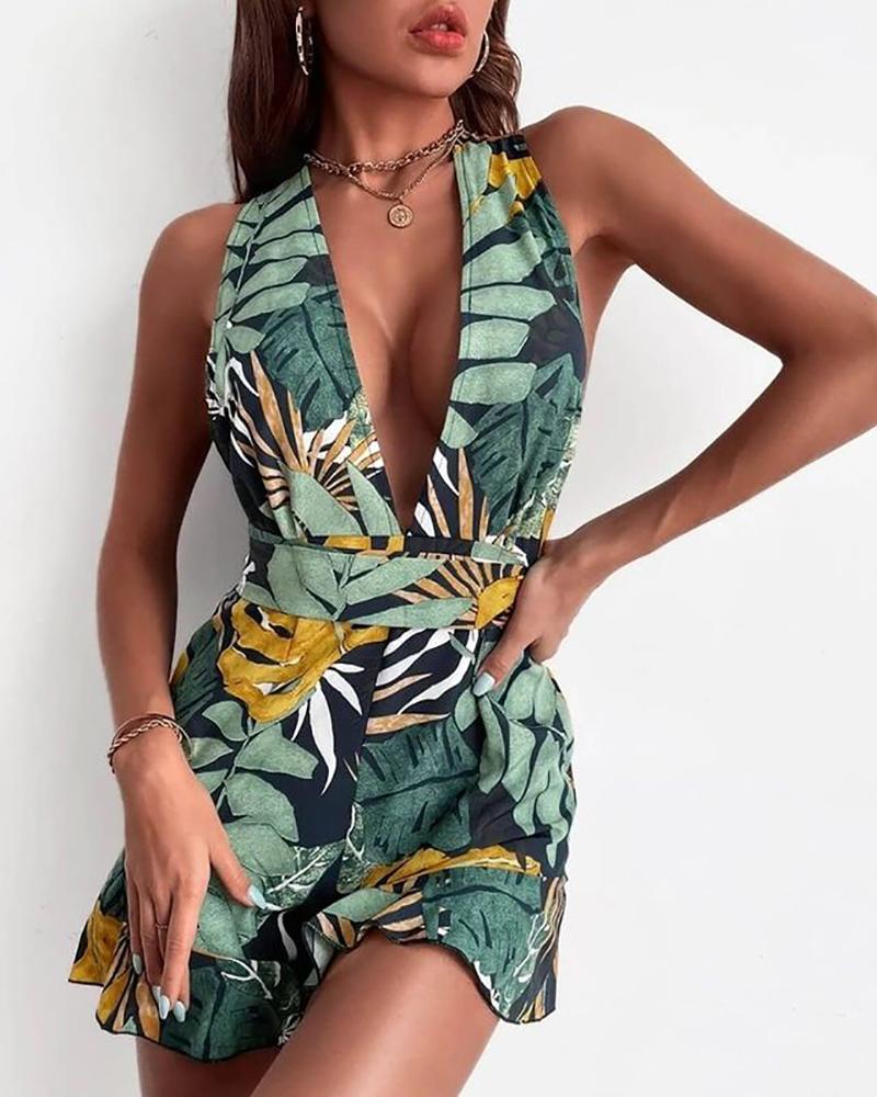 

Plunge Sleeveless Tropical Print Rompers, Green