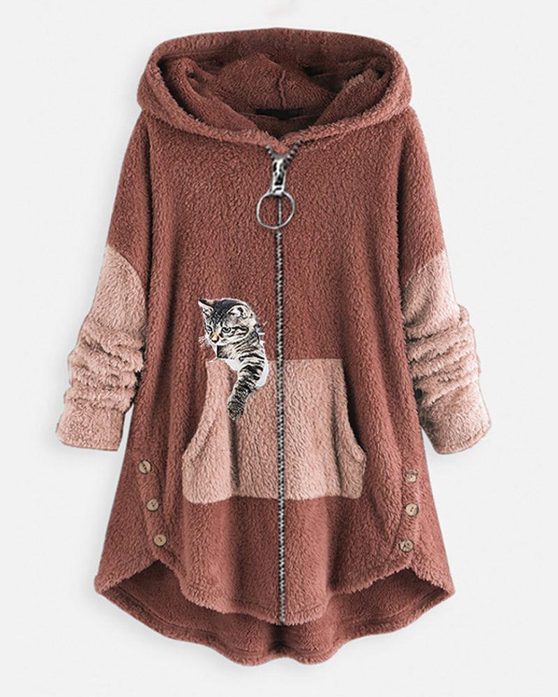

Cat Print Long Sleeve Hooded Zip Up Teddy Coat, Pink