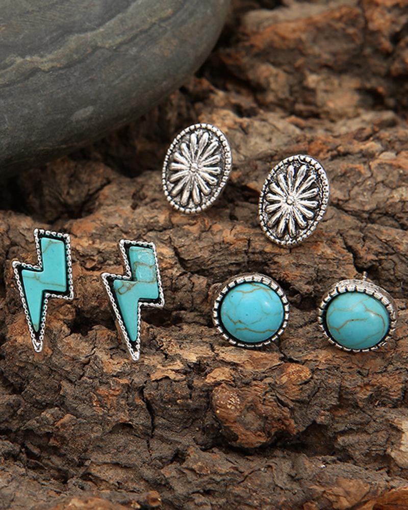 

3Pairs Turquoise Geometric Lightning Stud Earrings Set, Green