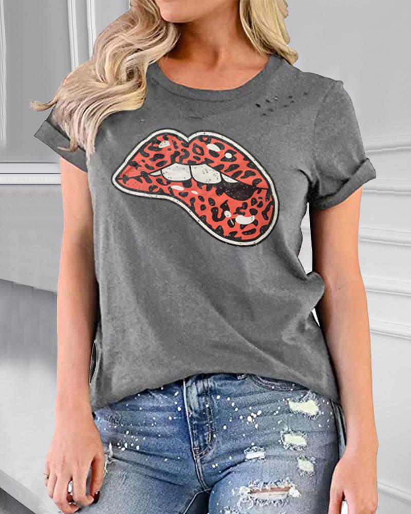 

Leopard Lip Print Short Sleeve T-shirt, Style2
