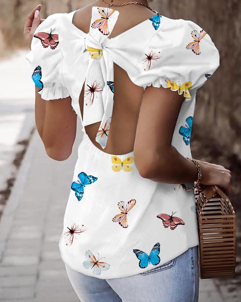 

Butterfly Print Puff Sleeve Cutout Back Top, Multicolor