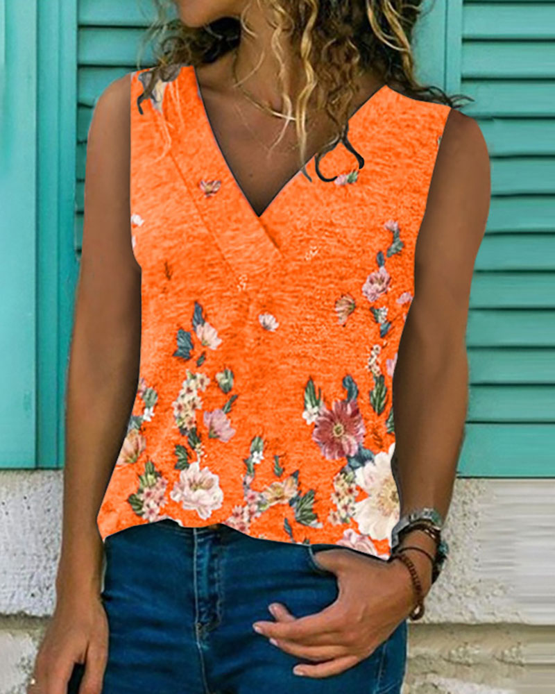 

Floral Print V Neck Casual Tank, Orange