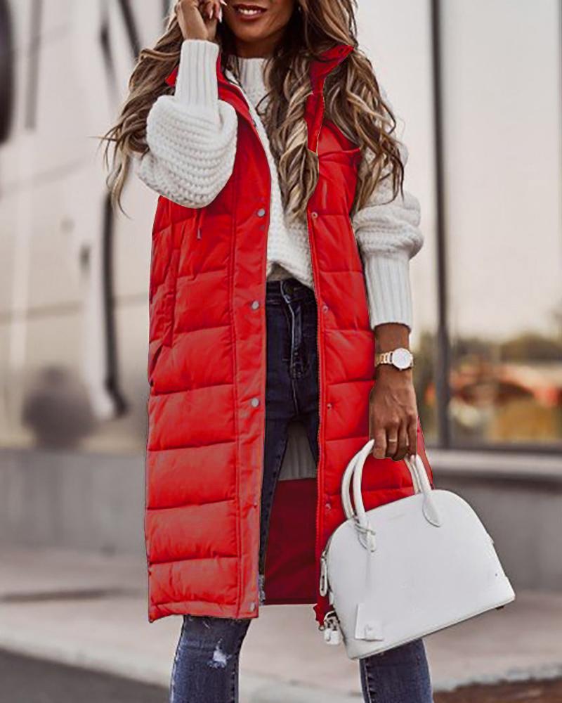 

Sleeveless Pocket Button Design Hooded Gilet Puffer Jacket, Red