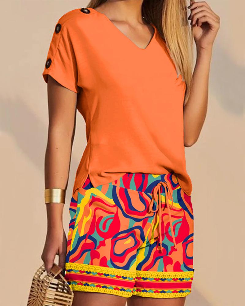 

V-Neck Top & Multi-Color Abstract Print Drawstring Shorts Set, Orange