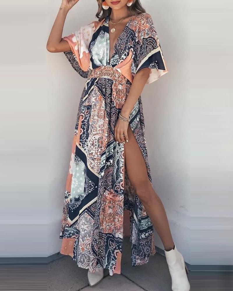 

High Slit Batwing Sleeve Scarf Print Maxi Dress, Multicolor
