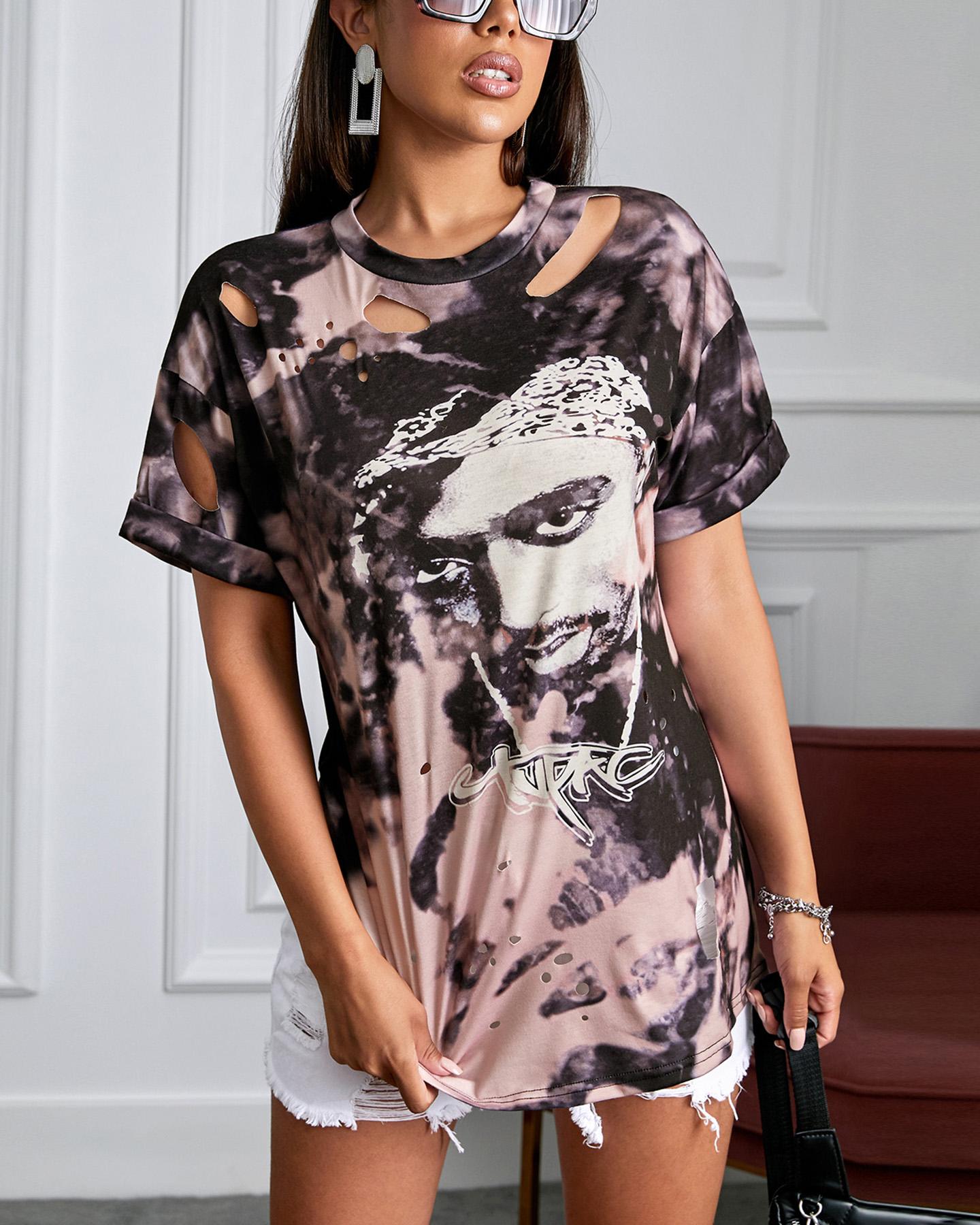 

Figure Print Short Sleeve Cutout T-shirt, Purple