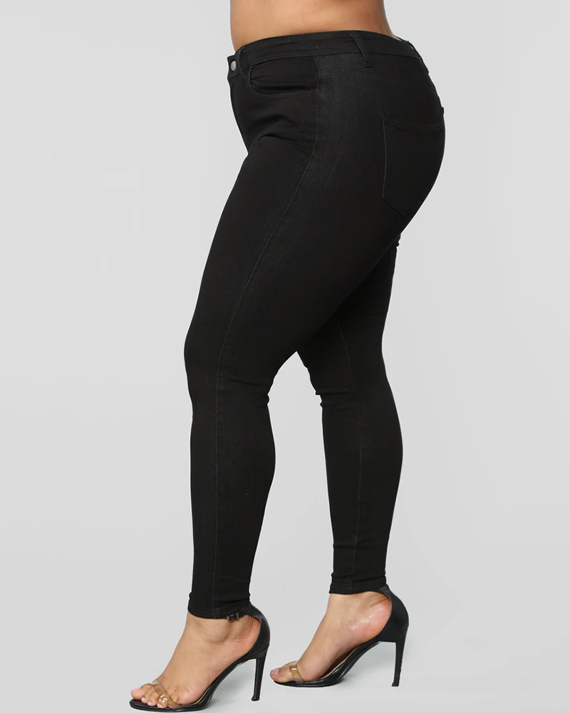 

Plus Size Button Pocket Decor Skinny Jeans, Black